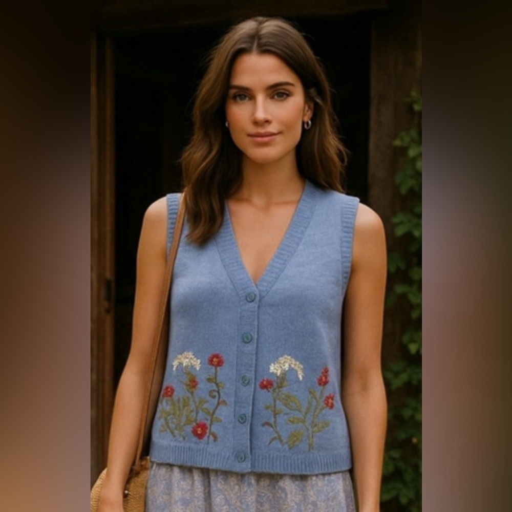 TOG Shop 100% Cotton Vest Embroidered Floral Cottagecore Summer Spring Garden M
